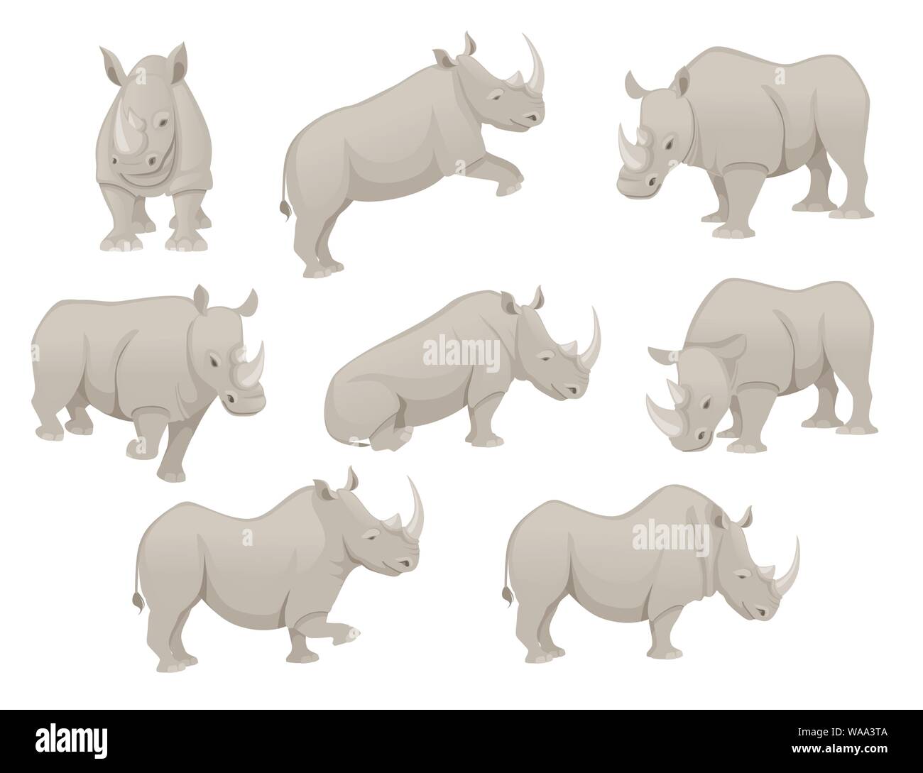 Ensemble de rhinocéros africains dans différentes poses cartoon animal télévision design vector illustration isolé sur fond blanc. Illustration de Vecteur