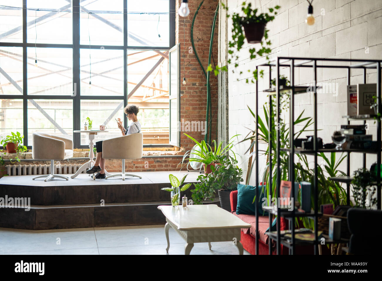 Young woman with smartphone sitting in armchair par table à l'intérieur grand studio Banque D'Images