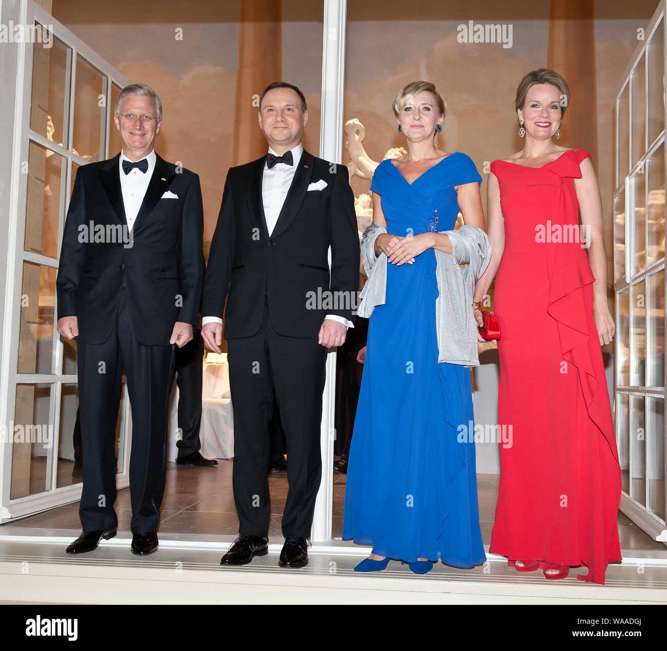 Le Musée Royal de Lazienki, Varsovie, 14 octobre 2015. Visite officielle en Pologne payés par Sa Majesté le Roi des Belges et Sa Majesté la Reine des Belges. Réception offerte par Sa Majesté le Roi des Belges et Sa Majesté la Reine de Belgique à l'honneur du président de la République de Pologne et la Première Dame. Photo : Philippe de Belgique, la Reine Mathilde, Président Andrzej Duda, Première Dame Agata Duda Banque D'Images
