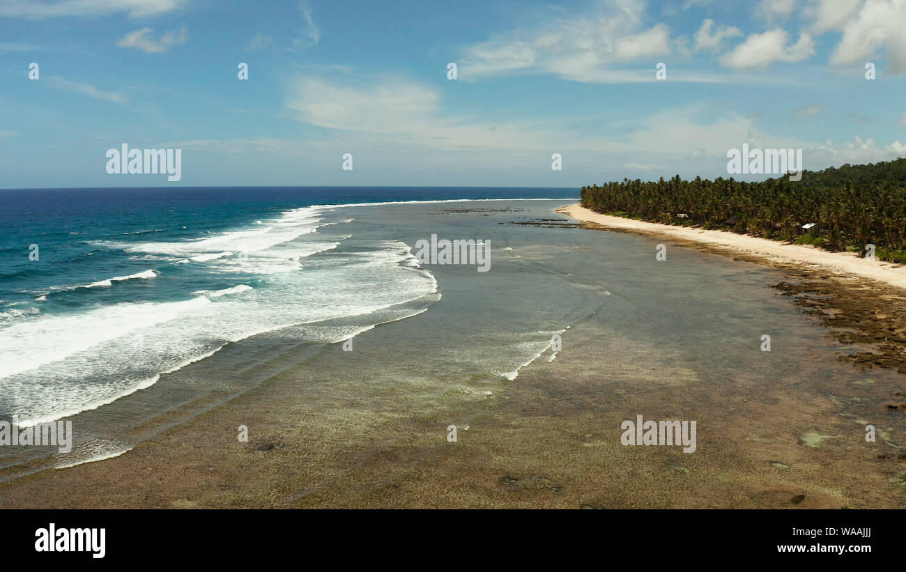 Les vagues roulent sur les récifs coralliens et la plage à marée basse. Siargao, Philippines. Billet d'été et vacances. Banque D'Images