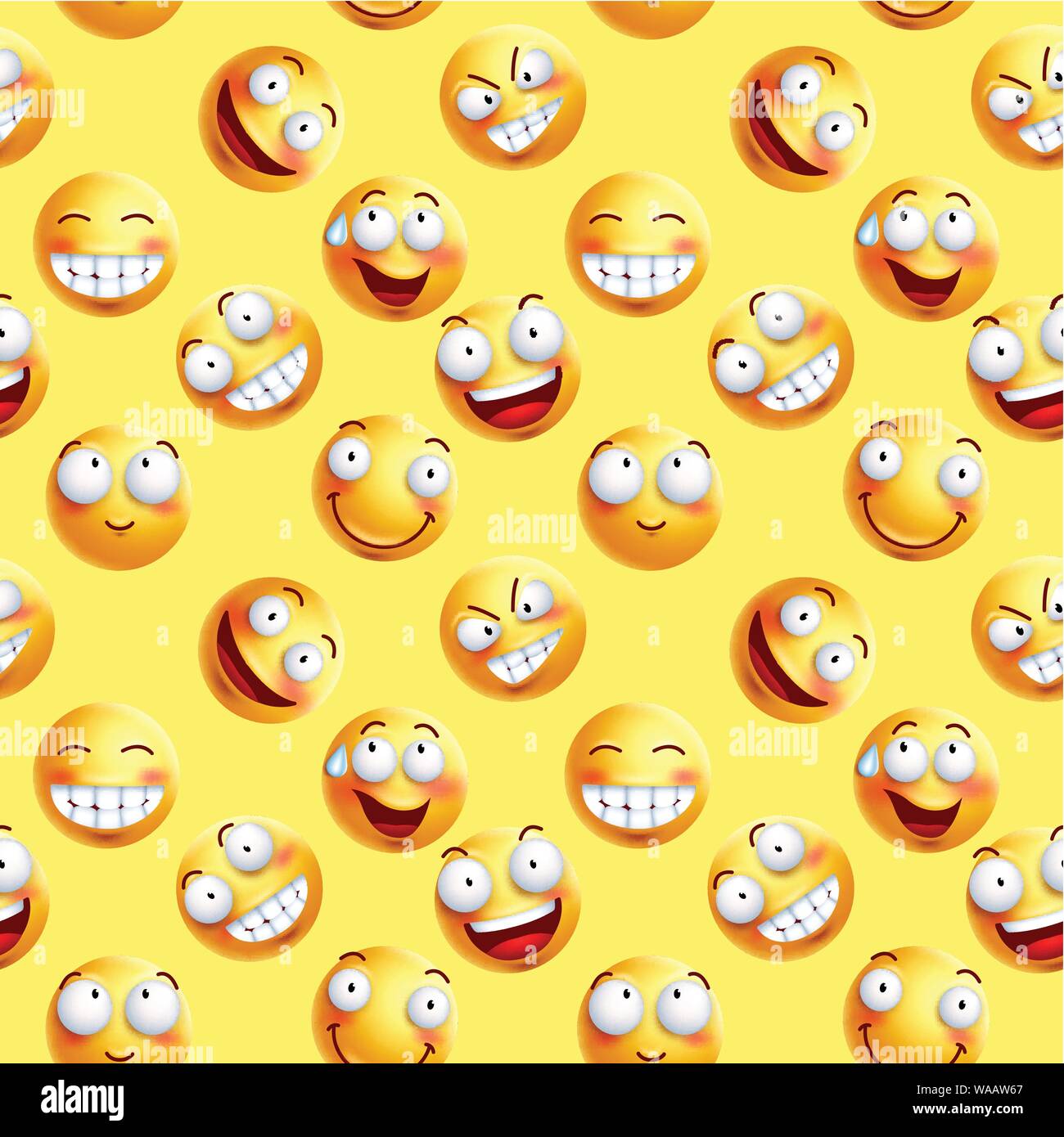 Smileys Vector wallpaper modèle continu avec des expressions faciales des visages heureux jaune en fond jaune. Vector illustration. Illustration de Vecteur