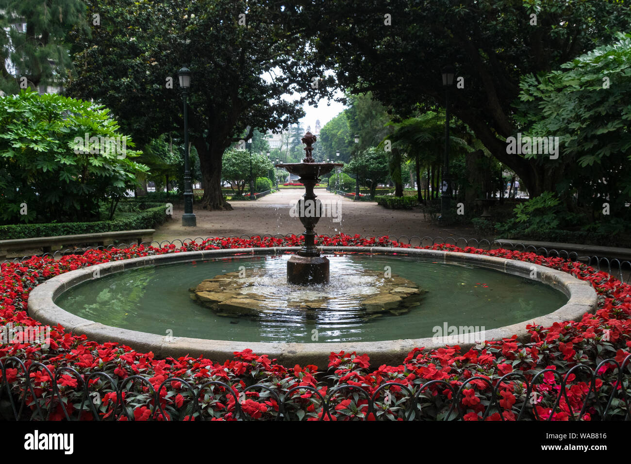 Fontaine décorée de fleurs sur la place de Compostelle à Vigo (Espagne) Banque D'Images