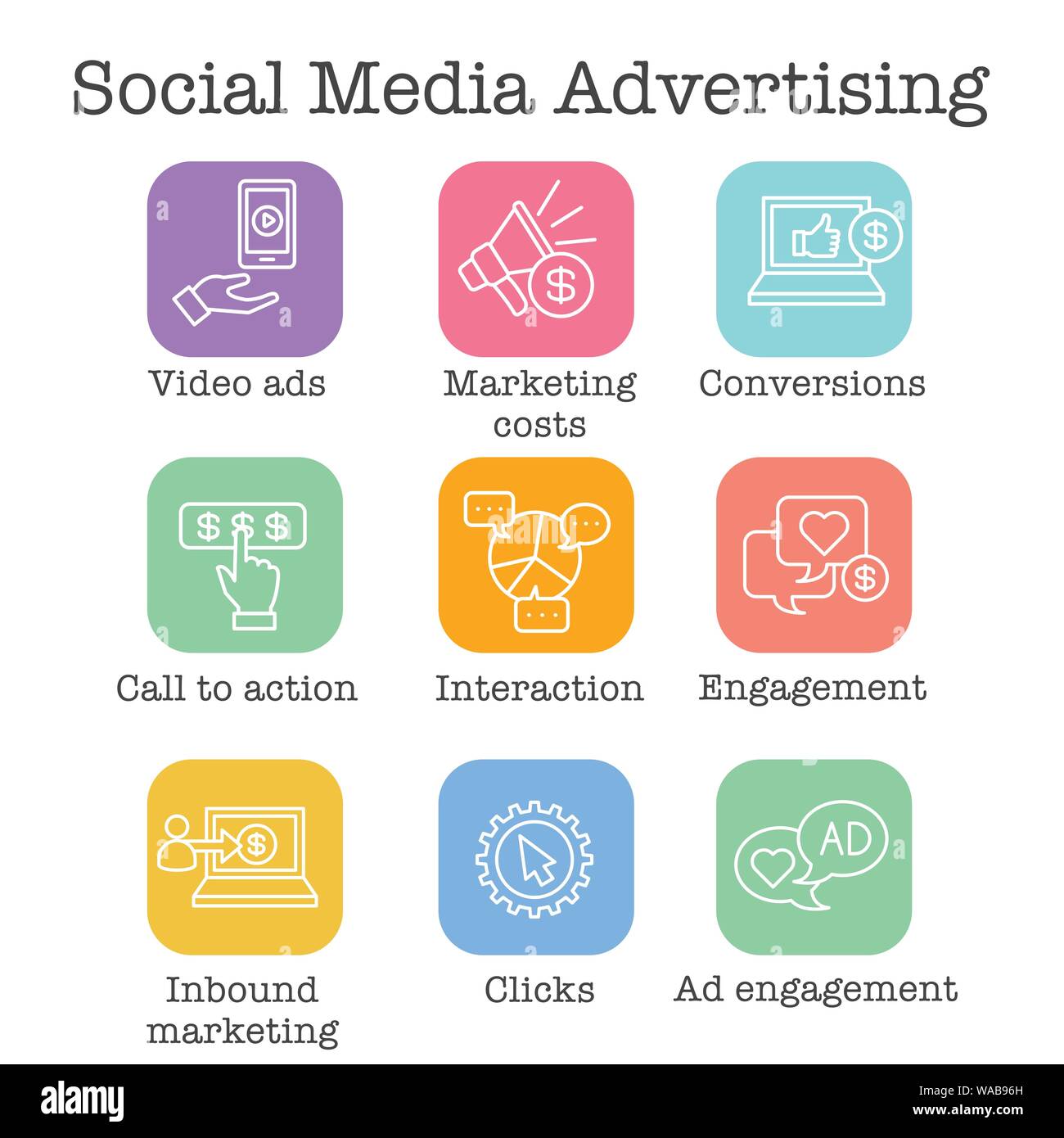 Social Media Icon Set - Annonces Annonces vidéo, l'engagement de l'utilisateur, etc. Illustration de Vecteur