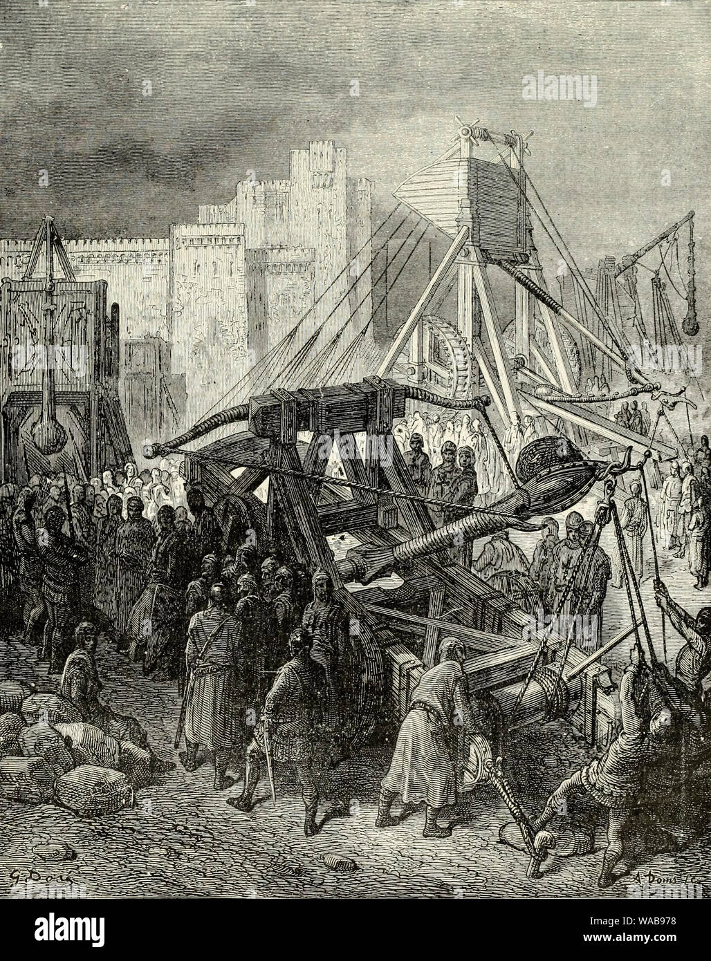 Les machines de guerre des croisés, des croisades, catapulte médiévale, gravure, avant 1883 Banque D'Images