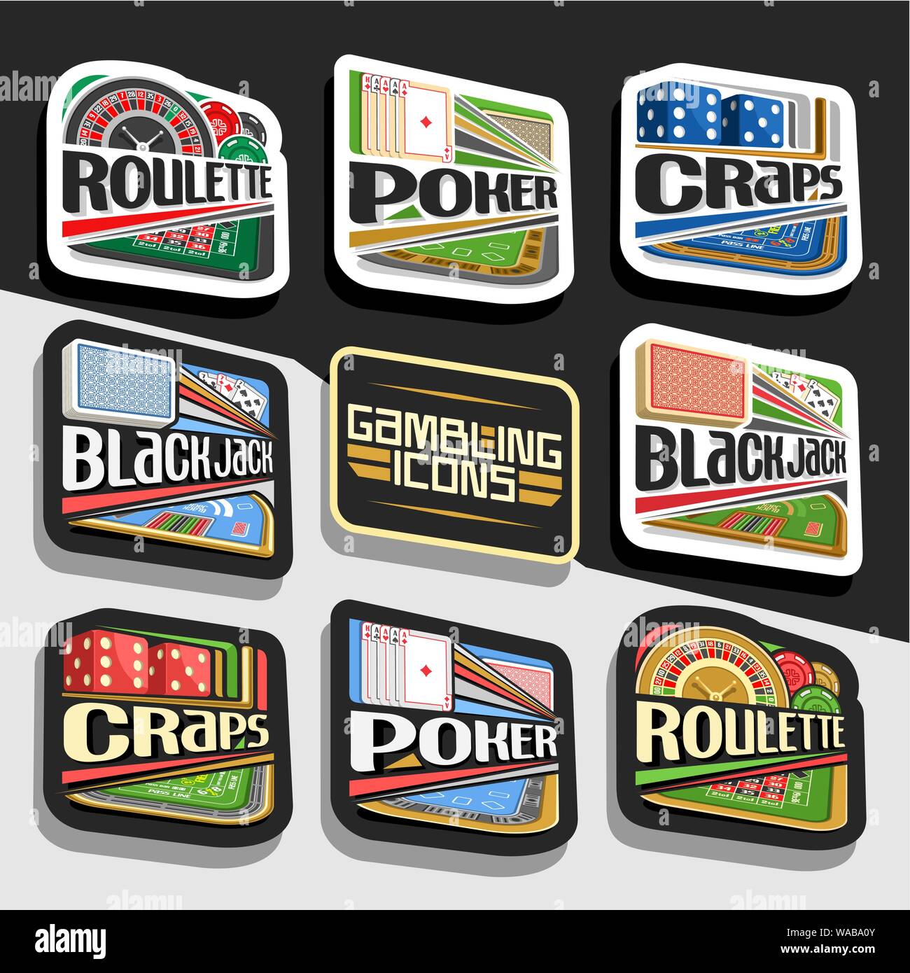 Vector set d'icônes de jeu, découper 8 logos décoratifs pour casino en ligne, collection de noir et blanc avec lettrage lettrages Gamble, ensemble d'isola Illustration de Vecteur