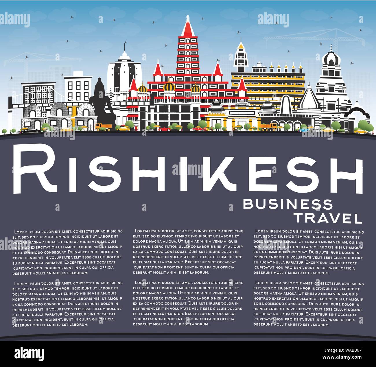 Rishikesh Inde Ville avec des bâtiments, de couleur bleu ciel et l'espace de copie. Vector Illustration. Les voyages d'affaires et tourisme Concept. Illustration de Vecteur