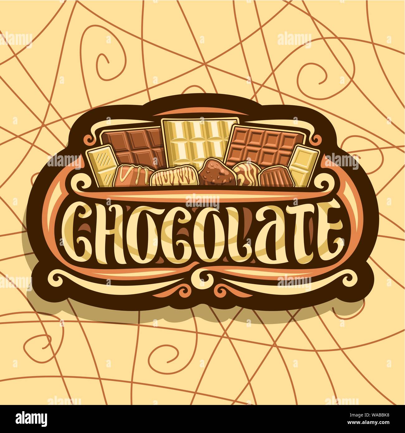 Logo vector pour le chocolat foncé, signe rétro avec choix de l'assortiment de sorte de prime d'chocolat et tas de bonbons, pinceau original typeface f Illustration de Vecteur