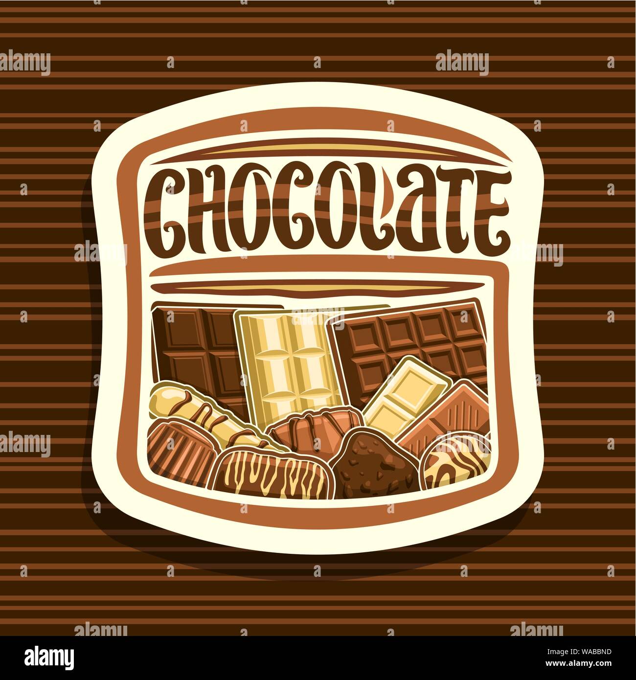 Logo vector pour le chocolat, carré blanc signe avec choix de différents type de prime d'chocolat et tas de bonbons, pinceau original typeface Illustration de Vecteur