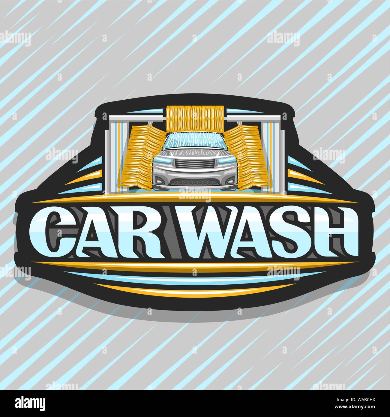 Logo Vector pour station de lavage automatique, une affiche avec une illustration de voiture de sport, l'eau qui coule et le brossage rotatif jaune, rouleaux de caractère original pour b Illustration de Vecteur
