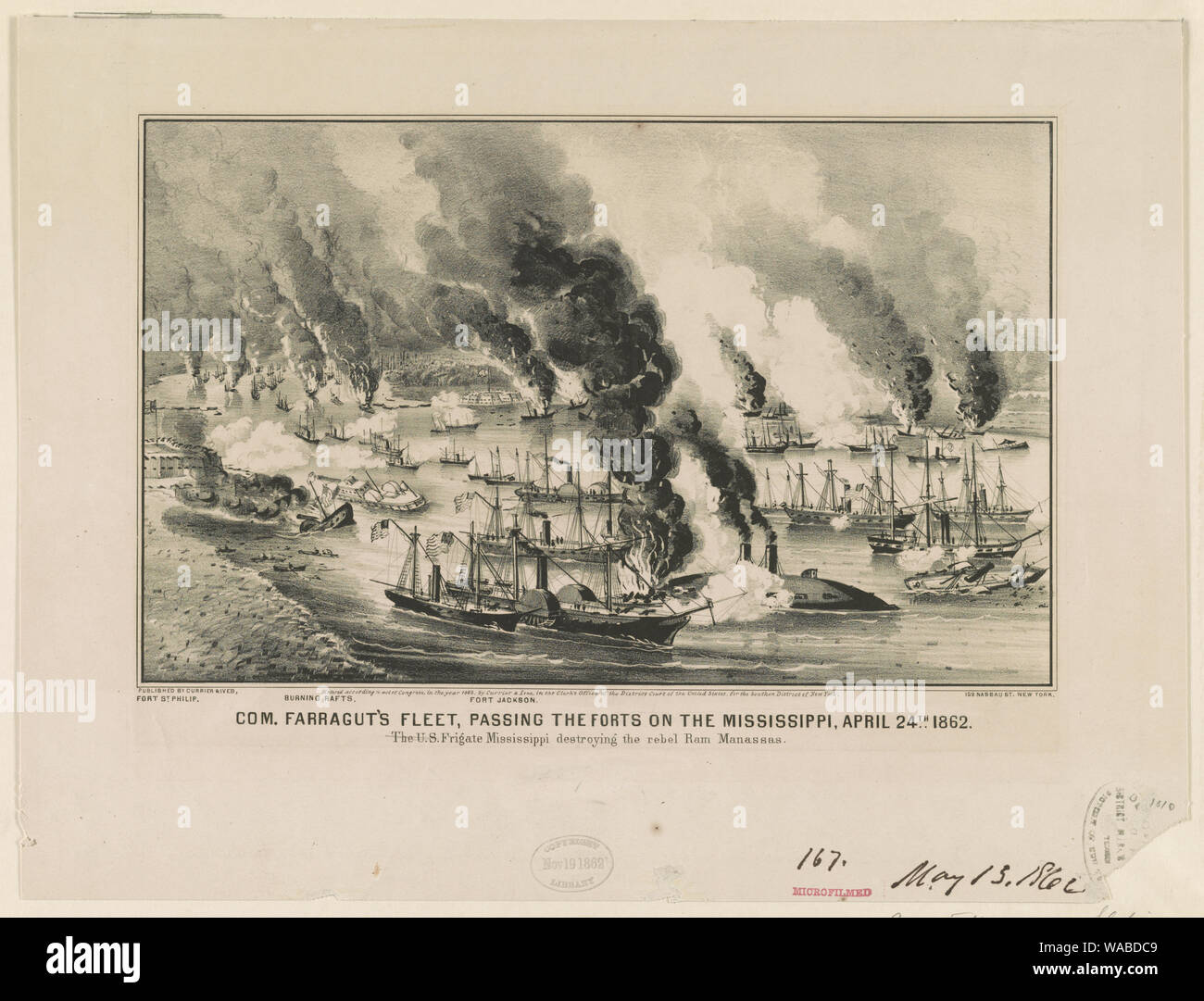 Com. La flotte de Farragut, passant des forts sur le Mississipi, 24 avril 1862 Banque D'Images