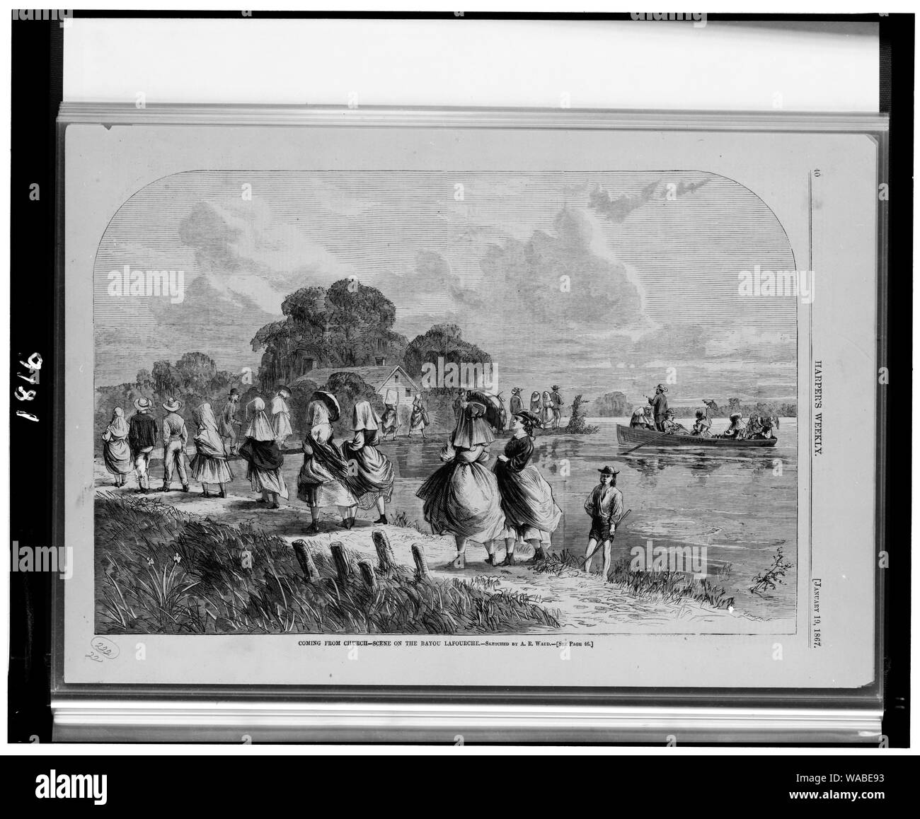 Venant d'église--scène sur le bayou Lafourche / esquissés par A.R. Waud. Banque D'Images