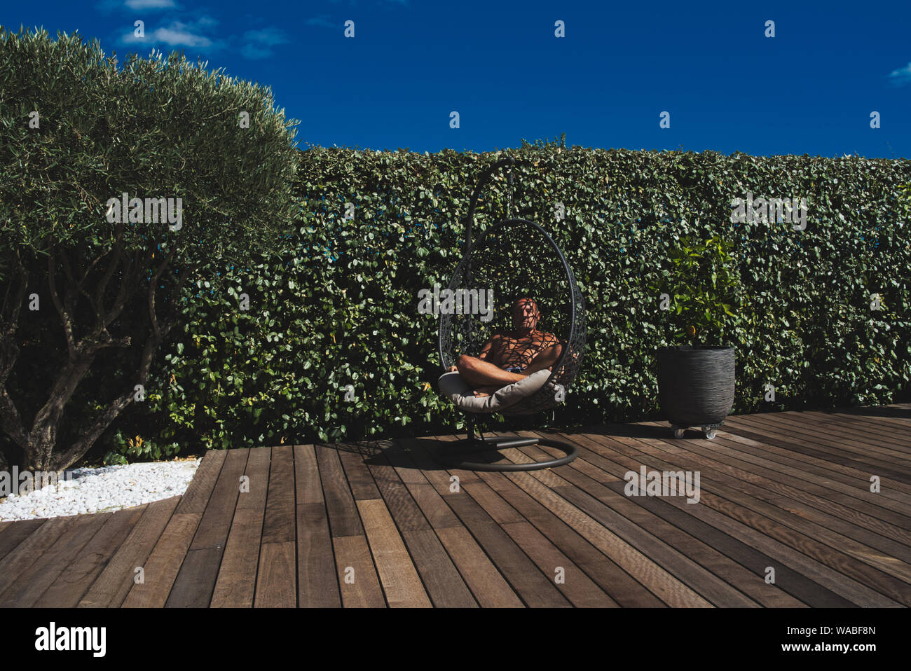 Un modèle masculin s'asseoir dans un siège suspendu sur un sol en bois dans un jardin avec un olivier Banque D'Images