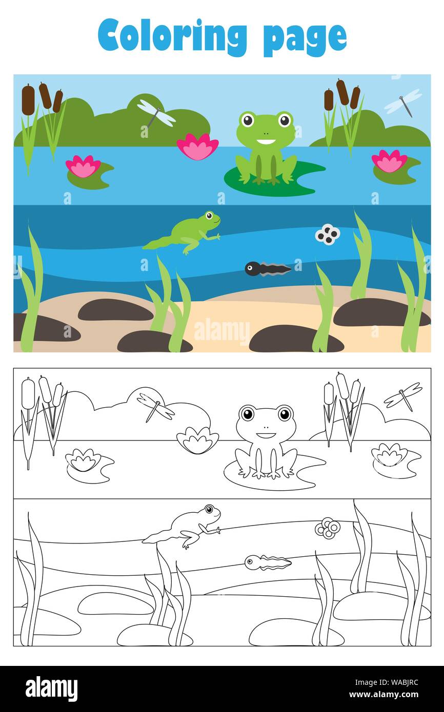 Étang avec style cartoon, grenouille, coloriage, jeu de papier de l'éducation pour le développement des enfants, pour les enfants, activité préscolaire feuille imprimable Illustration de Vecteur