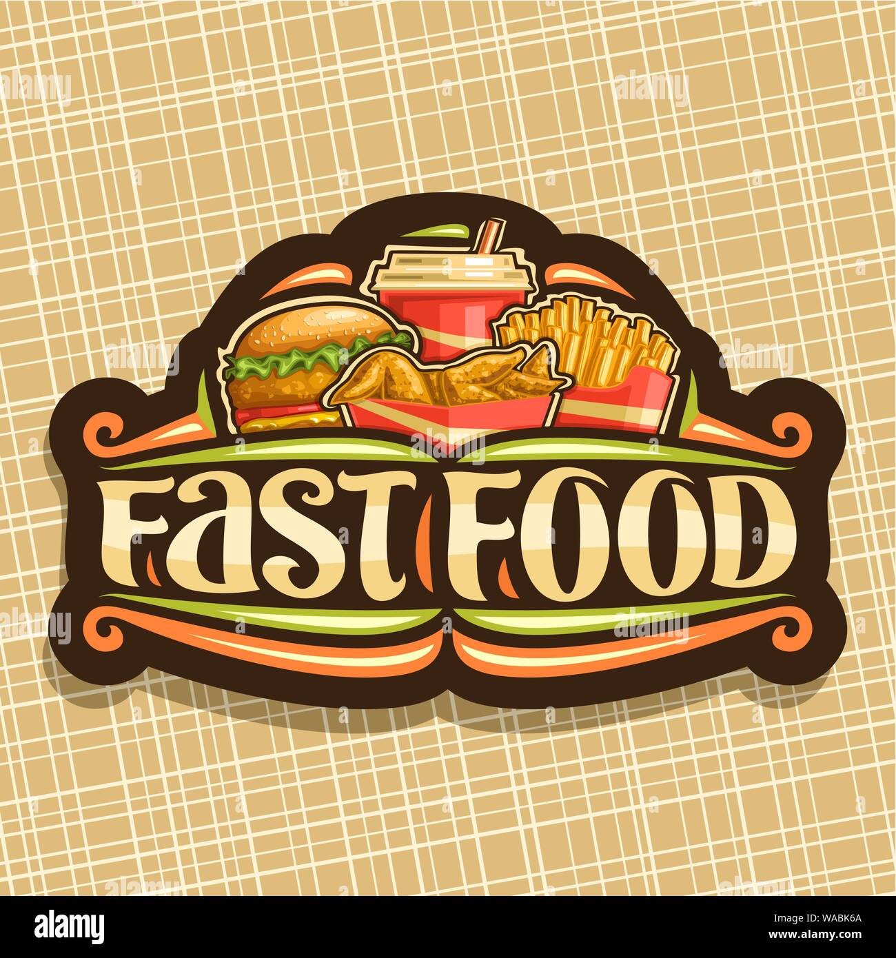 Logo Vector pour restauration rapide, pancarte avec set de produits frais chickenburger avec escalope frites et salade, ailes de poulet, frites en boîte carton, fizzy Illustration de Vecteur