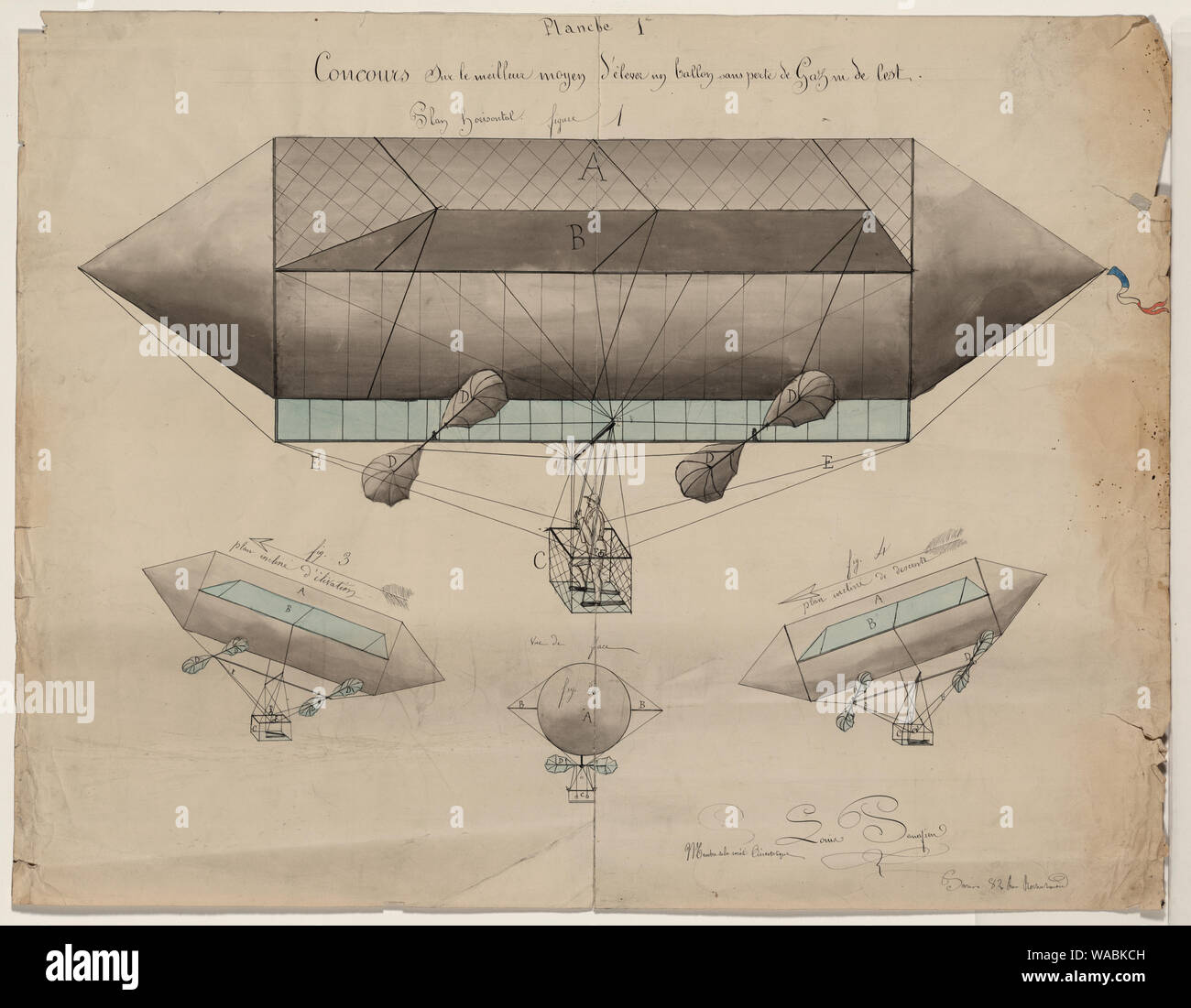 Concours sur le meilleur moyen d'élever un ballon sans perte de gaz de peur ; design dessin montre proposition par Louis Panafieu dans lequel l'opérateur dans une voiture ouverte attaché à la montgolfière permet d'ascenseur sans perte de gaz sur lest par manipulation de cordes sur le dessous de l'aérostat. Horizontal comprend, à l'avant, élevée et en ordre décroissant. (Source : P.G. Renstrom, LC Personnel, 1981-1982.) Banque D'Images
