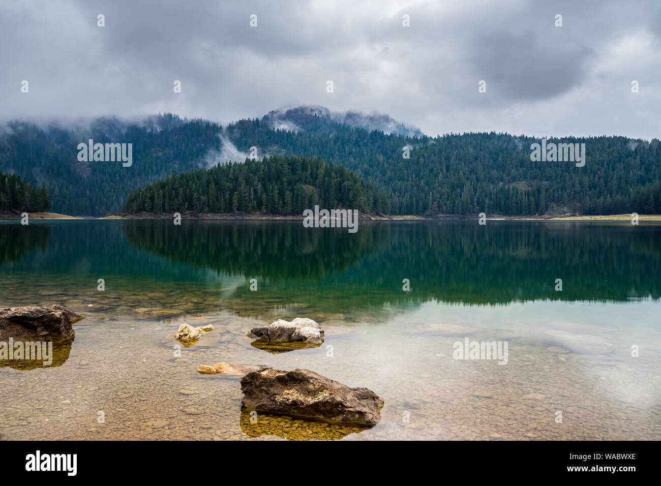 Le Monténégro, calme parfait de l'eau claire comme du cristal vitreux de black lake en raison de vert des arbres de forêt dans le parc national de Durmitor nature paysage à côté de Banque D'Images