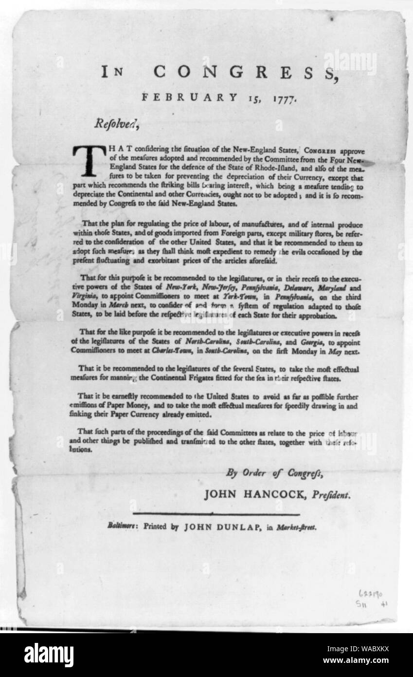 Congrès continental Broadside, 1777 : [résoudre du 15 février, en appui à la Nouvelle Angleterre Rapport de conférence] Banque D'Images