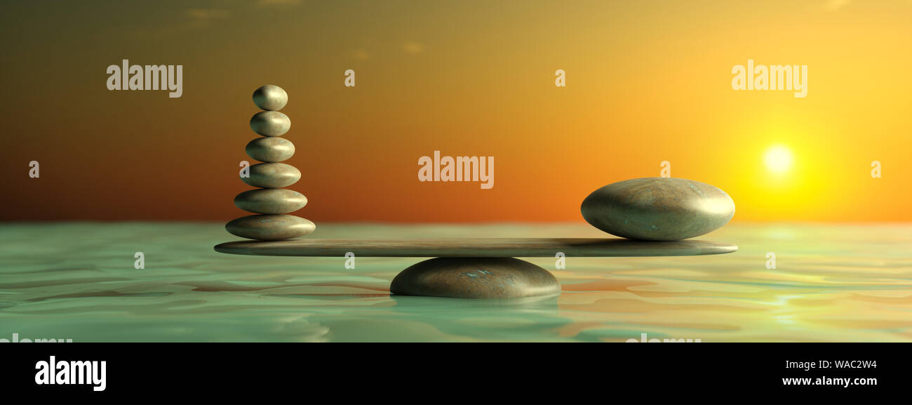 Rangée de pierres zen de grande à petite dans l'eau avec le ciel bleu et le paysage paisible arrière-plan. 3d illustration Banque D'Images