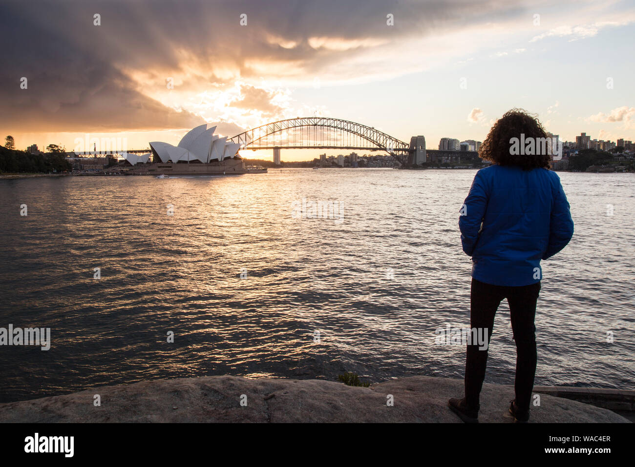 Veste hiver homme portant, regardant le port de Sydney, pendant le coucher du soleil Banque D'Images