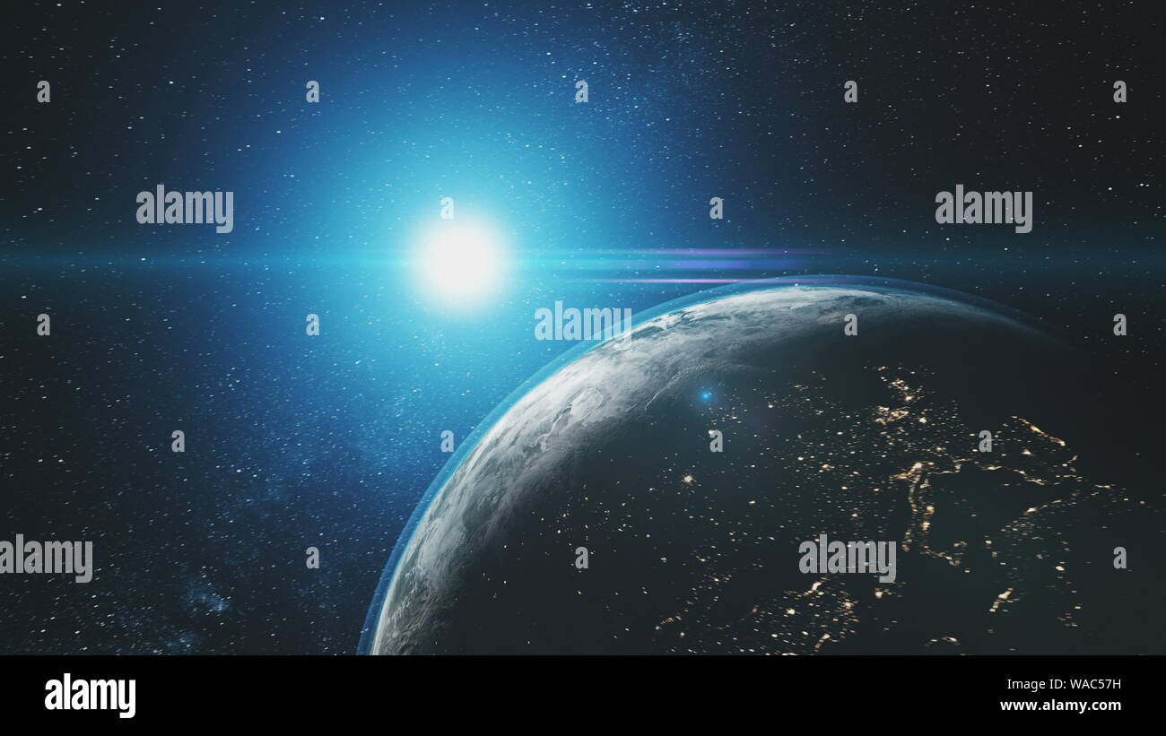 L'orbite de la terre l'éclat du soleil bleu l'espace extra-atmosphérique. Cosmos épique Constellation nébuleuse vue satellite de navigation astronomique Concept Univers Animation 3D Banque D'Images