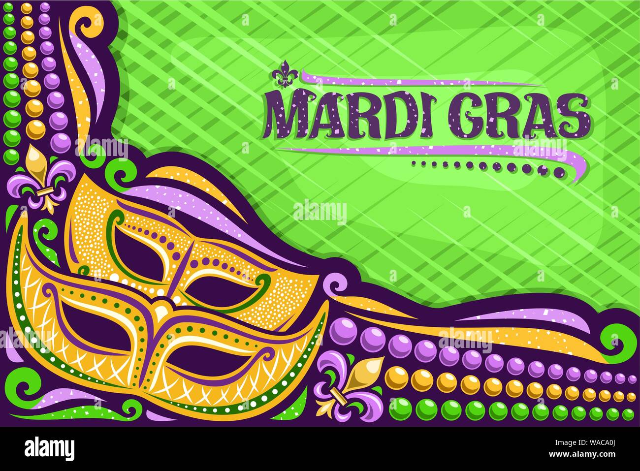 Carte de souhaits pour vecteur Mardi Gras avec copie espace, mise en page avec illustration de masque jaune, symbole traditionnel du mardi gras - fleur de lis, colorf Illustration de Vecteur