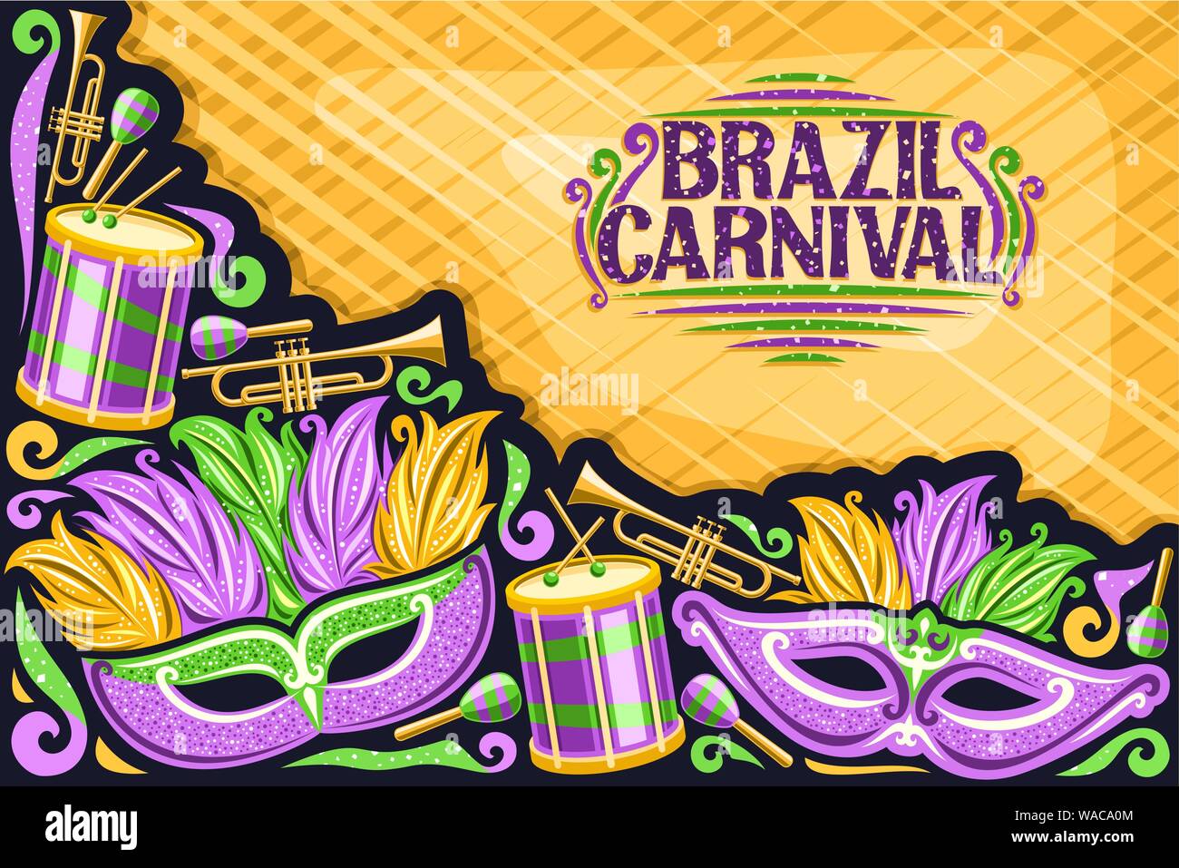 Carte de souhaits pour vecteur Brésil Carnaval avec copie espace, illustration de masque de pourpre, de la batterie avec les pilons, modèle pour carnaval à Rio de Janeiro, Illustration de Vecteur