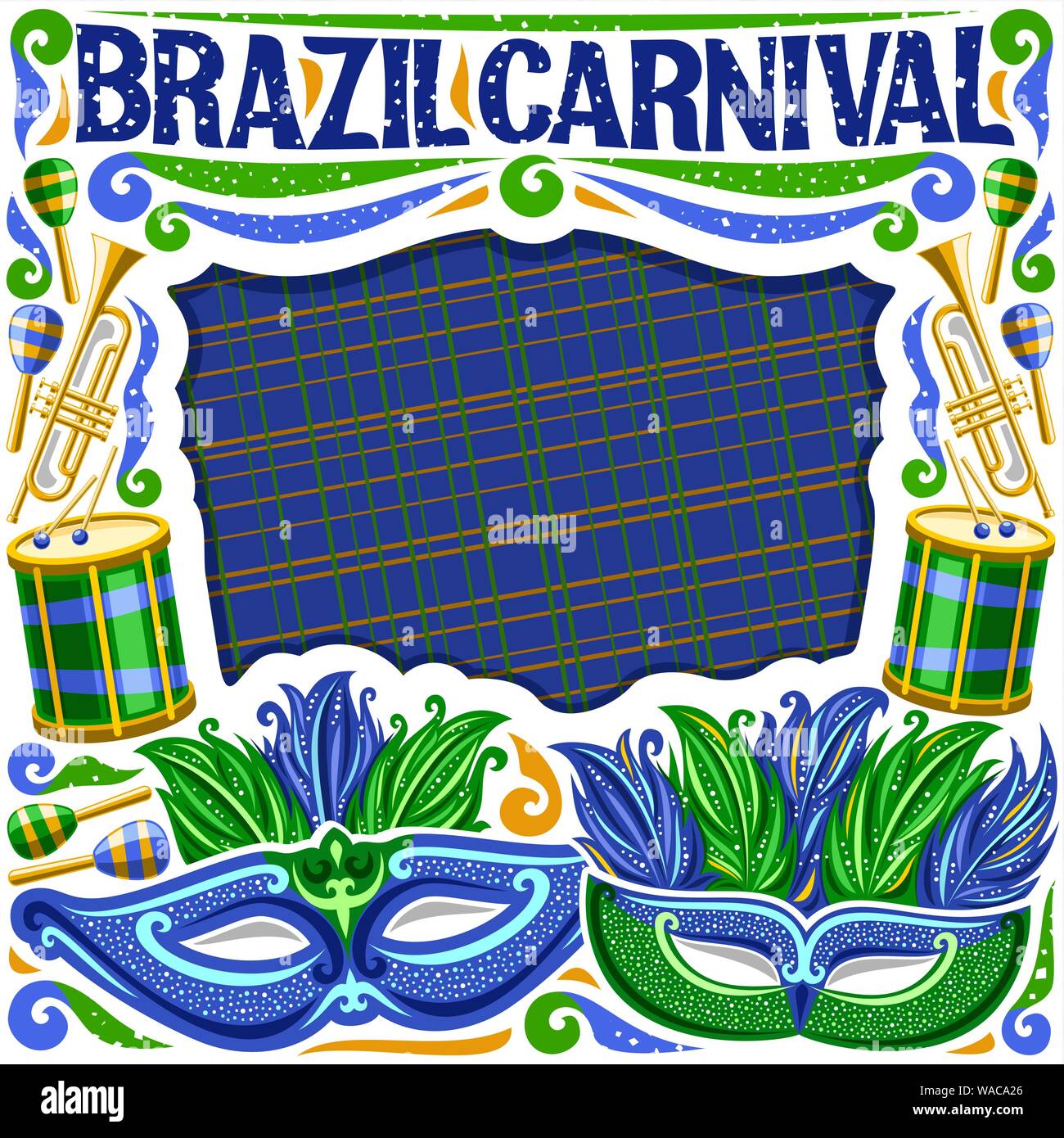 Image de vecteur pour le Brésil Carnaval avec copie espace, illustration de masque vert, batterie avec les pilons, modèle pour carnaval à Rio de Janeiro, original Illustration de Vecteur