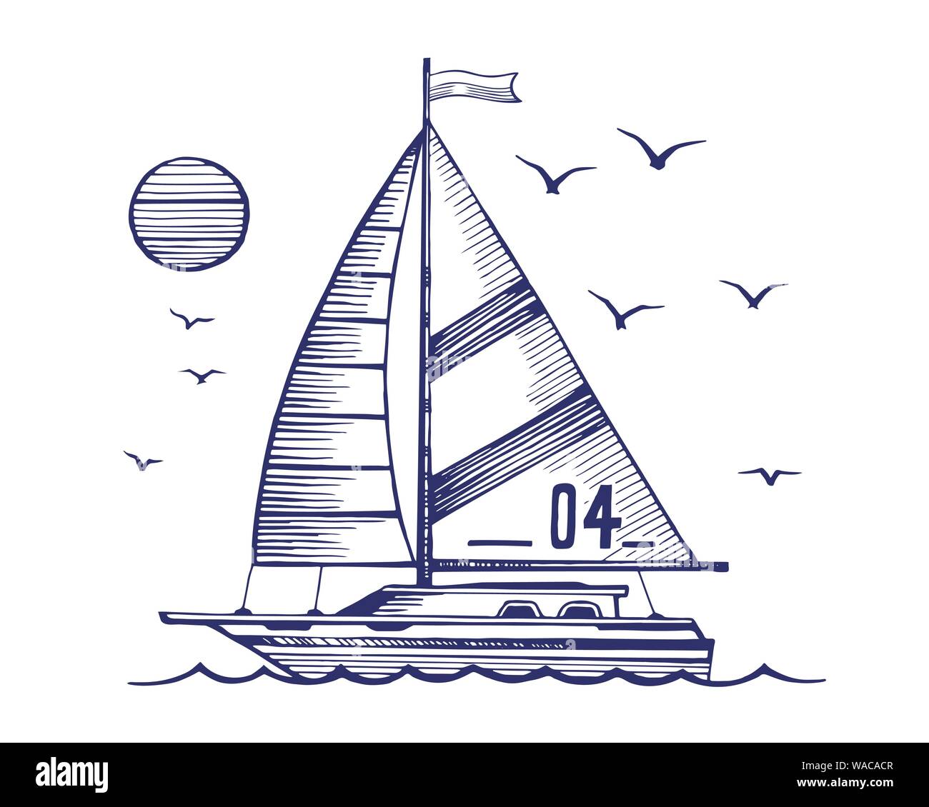 Yacht à voile plusieur bateaux dans la mer dessin vectoriel Illustration de Vecteur