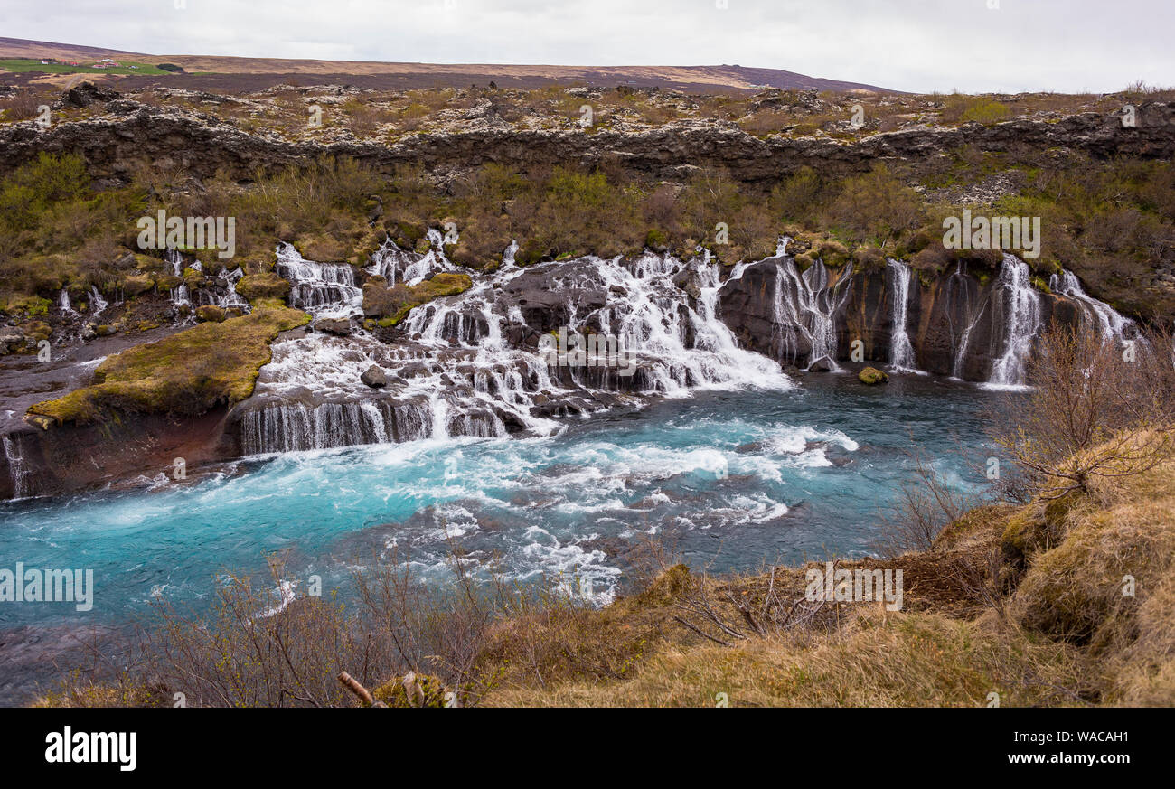 HUSAFELL, ISLANDE - cascade Hraunfossar, découlant de champ de lave. Banque D'Images