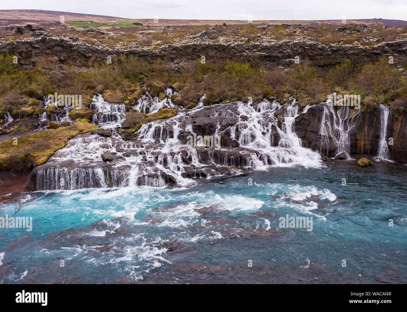 HUSAFELL, ISLANDE - cascade Hraunfossar, découlant de champ de lave. Banque D'Images