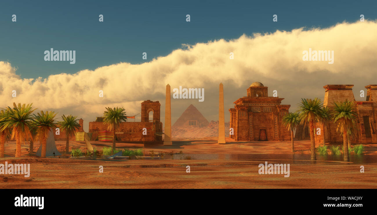 Une ville égyptienne légendaire dans le désert, à côté de la rivière du Nil plein de bâtiments et d'une pyramide. Banque D'Images