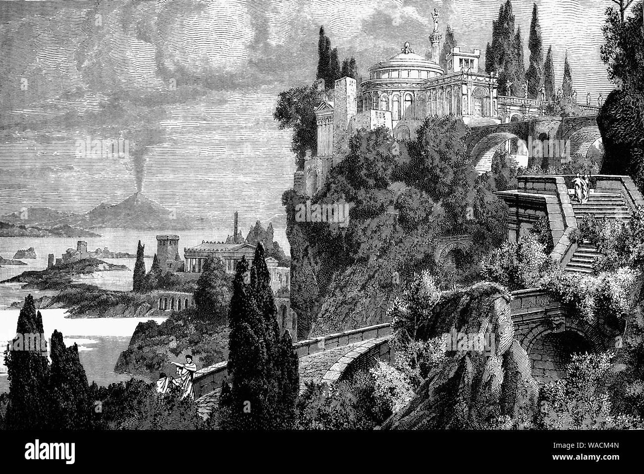 Baiae (Baia) était une ancienne ville romaine située sur la rive nord-ouest du golfe de Naples, et maintenant de la commune de Bacoli. C'était un recours pour des siècles dans l'antiquité, surtout vers la fin de la République Romaine, quand il a été considéré comme supérieur à Pompéi, Herculanum, Capri et par les super-riches qui ont construit des villas luxueuses ici à partir de 100 BC à 500 AD. Il était connu pour ses offres hédoniste et les rumeurs de corruption et de scandale. Vésuve peut être vu fumer dans l'arrière-plan. Banque D'Images