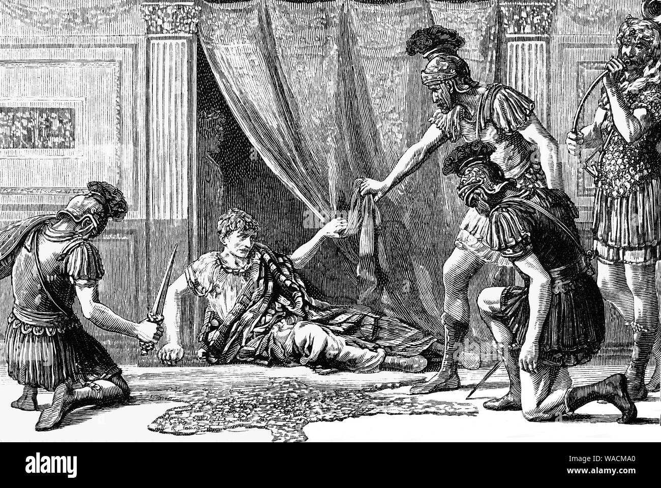 Claudius aka Tiberius Claudius Caesar Augustus Germanicus (10 BC - AD 54) fut empereur romain de 41 à 54 AD. Parce qu'il a été affligé avec une boiterie légère et la surdité en raison d'une maladie à un jeune âge, il a été exclu de la fonction publique. Dans 41AD, Caligula fut assassiné dans un complot impliquant le commandant prétorien Cassius Chaerea ainsi que plusieurs sénateurs. Après le meurtre, Claudius a été témoin de l'exécuter plusieurs gardes nobles, y compris ses amis et s'enfuit vers le palais de cacher où un prétorien nommé Gratus a trouvé derrière un rideau et le déclare imperator. Banque D'Images