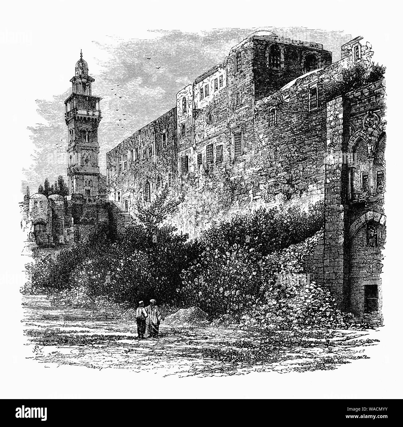 La tour d'Antonia est un ouvrage fortifié situé à l'angle nord-ouest de la cour du temple à Jérusalem, agissant comme les quartiers des soldats, avec des appartements, des bains, des casernes, et des cours. Hérode le Grand n'a de vastes et coûteux travaux de réparation sur elle et lui donna le nom d'Antonia en l'honneur de Marc Antoine. Comme le grand prêtre juif et d'une règle, Hérode avait les vêtements sacerdotaux gardé là, apparemment comme un moyen de maintenir un certain contrôle ou de contrôle sur le grand prêtre. La tour est venu à la ruine finale lorsqu'il a été détruit en même temps que le temple et la ville par le général romain Titus en 70 de notre ère. Banque D'Images