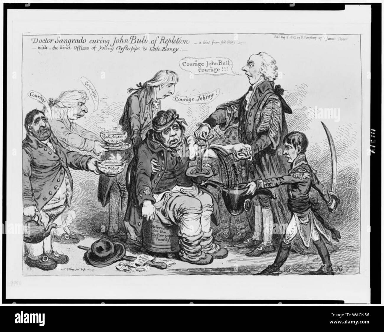 Médecin Sangrado guérir la réplétion de John Bull-avec le genre de jeunes bureaux d'Clysterpipe & Little Boney - un soupçon de Gil Blas. Banque D'Images