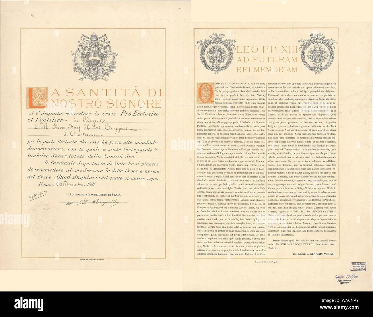 Document bij de Pauselijke onderscheiding Pro Ecclesia et Pontifice van Pierre Cuypers Cuypershuis 0481 A (gauche). Banque D'Images