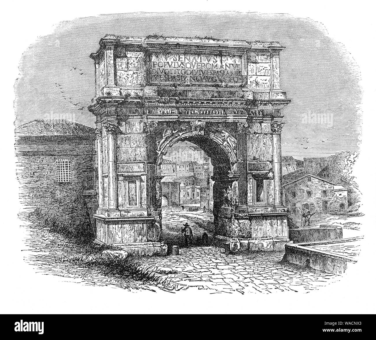 Une vue du 19ème siècle de l'Arc de Titus, un 1er siècle honorific arch, situé sur la Via Sacra, Rome, près du Forum Romain. Il a été construit en c. 81 CE par l'empereur Domitien peu après la mort de son frère aîné Titus pour commémorer la déification ou Titus officiel consecratio et la victoire de Titus avec leur père, Vespasien, au cours de la rébellion juive en Judée. L'arche contient des panneaux représentant la procession triomphale en 71 CE célèbre après la victoire romaine jusqu'à la chute de Jérusalem. Banque D'Images