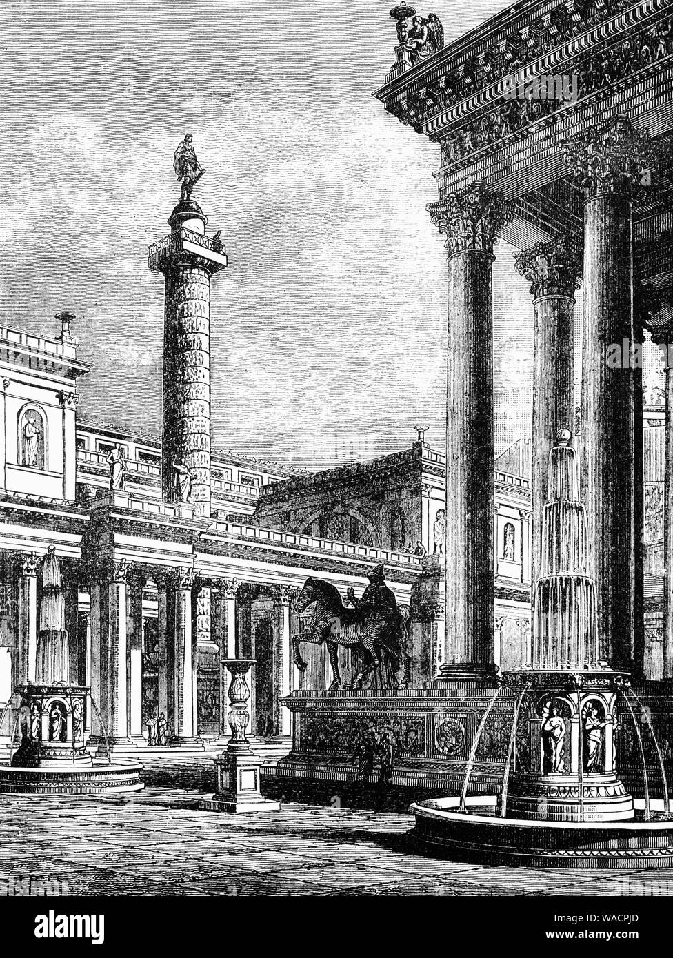 La colonne Trajane est une colonne triomphale romaine à Rome, en Italie, qui commémore la victoire de l'empereur romain Trajan dans la guerre des Daces. C'était probablement construit sous la supervision de l'architecte Apollodore de Damas à l'ordre du Sénat romain. Il est situé juste au nord du Forum Romain. Achevée en 113 AD, les établissements autonomes de colonne est le plus célèbre pour son bas-relief en spirale, qui représente l'artistiquement des guerres entre les Romains et les Daces (101-102 et 105-106). Banque D'Images
