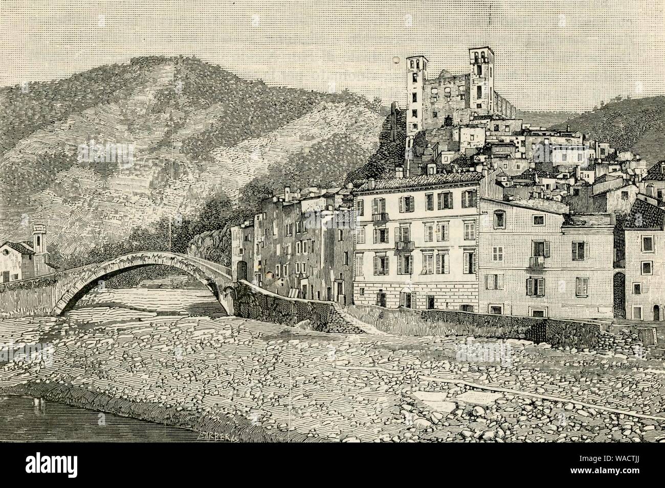 Dolceacqua ponte sul Fiume Nervia e dell'avanzi‥99antico castello. Banque D'Images