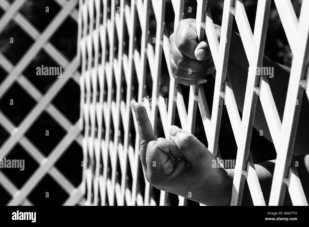Main sur les bars. L'échange de choses trought bars. Les problèmes sociaux. Prision question. Banque D'Images