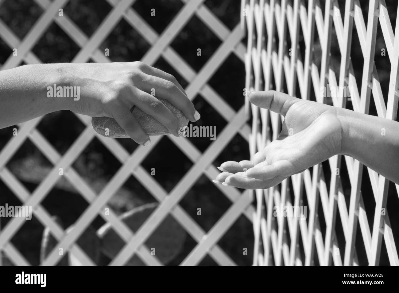 Main sur les bars. L'échange de choses trought bars. Les problèmes sociaux. Prision question. Banque D'Images