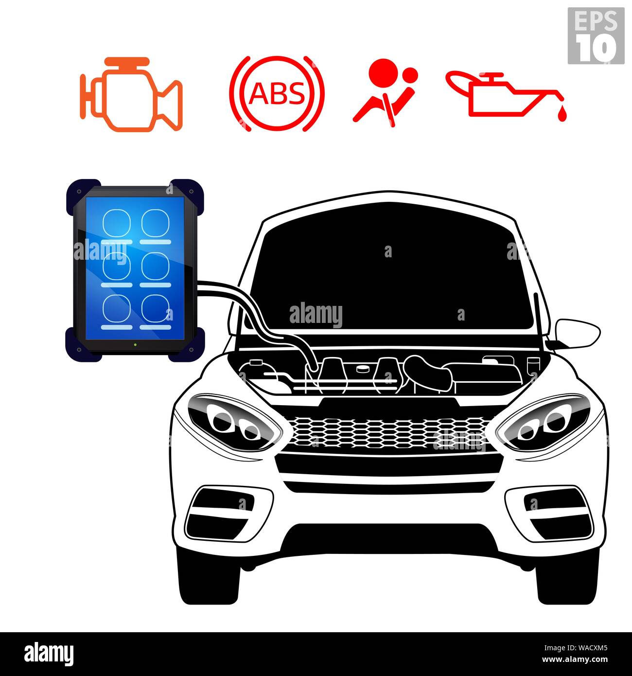 Le voyant de SUV, ABS, airbag, Huile moteur, l'outil scanner OBDII utilisé sur une baie moteur ouvert pour les réparations du véhicule. Illustration de Vecteur