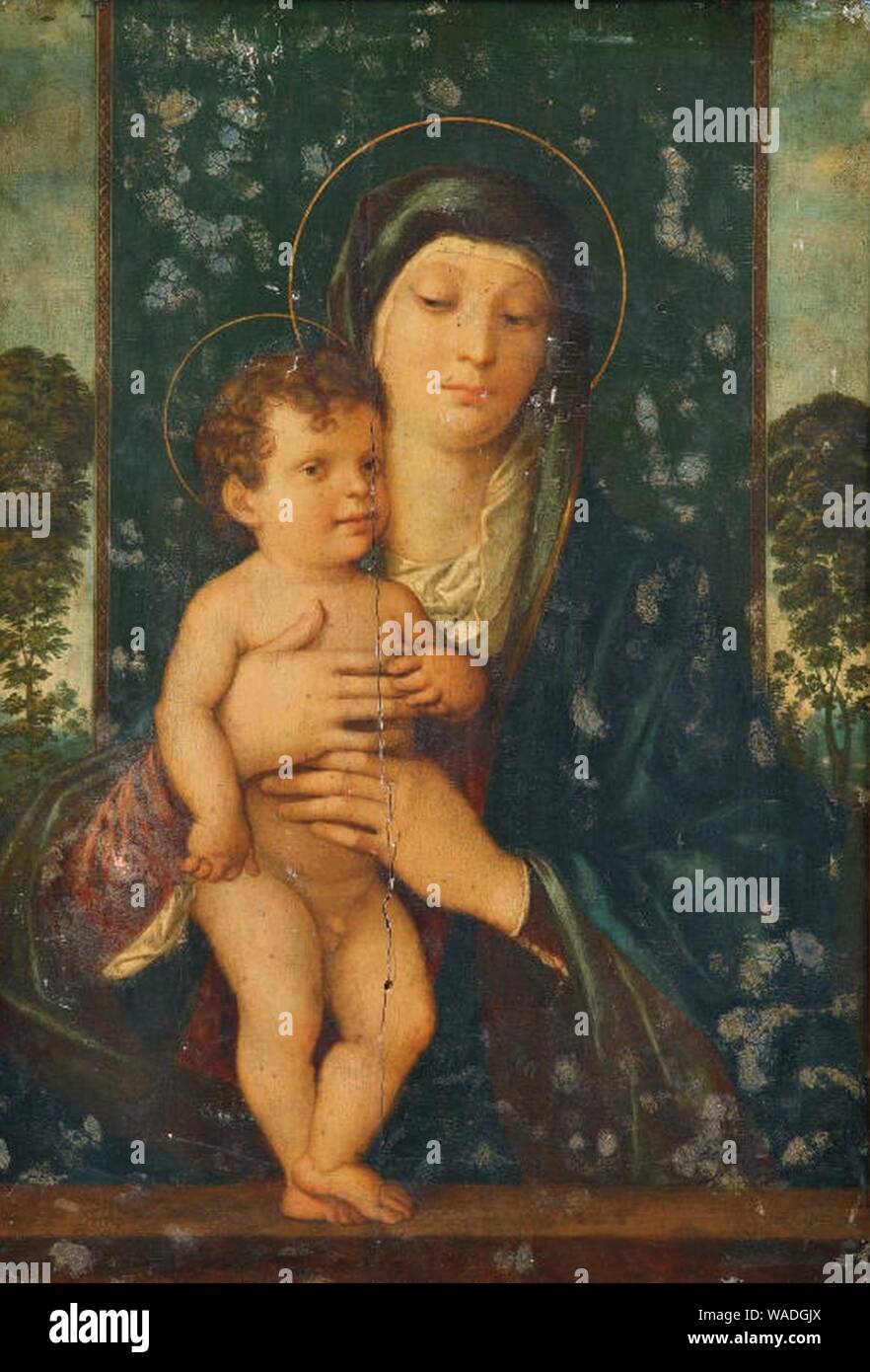 Dopo il Giovanni Bellini - La Madonna col bambino dans trono in un paesaggio. Banque D'Images