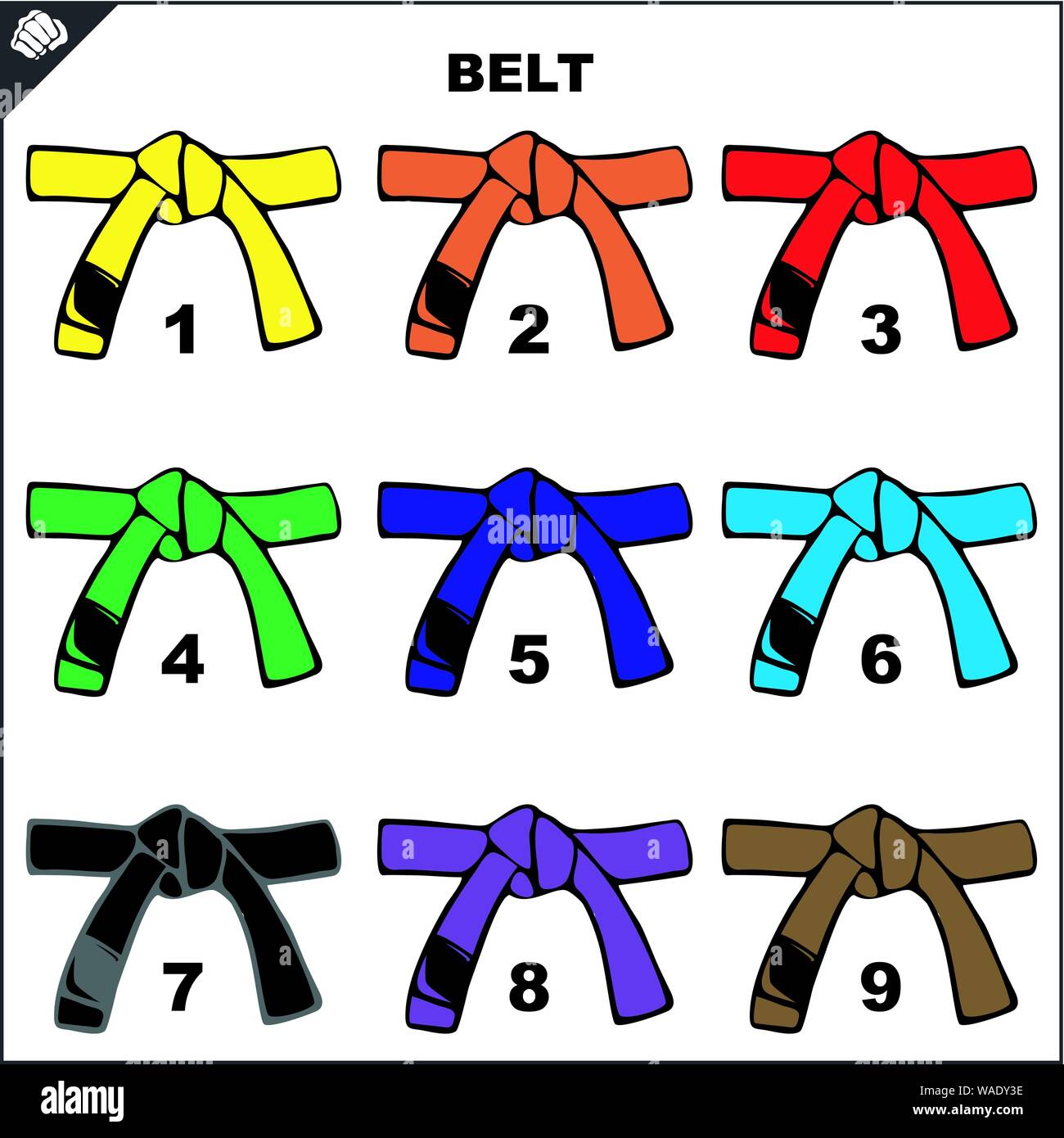 Ceintures de couleur pour les arts martiaux, karaté kimono dogi,bjj, judo,  taekwondo, hapkido, karaté Image Vectorielle Stock - Alamy