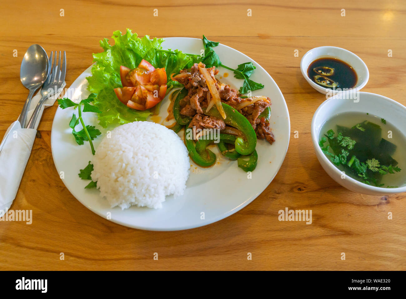 Repas asiatique typique avec sauté de boeuf et riz blanc Banque D'Images