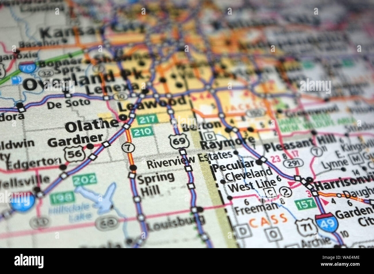 Extreme close-up de Olathe, Kansas sur une carte. Banque D'Images