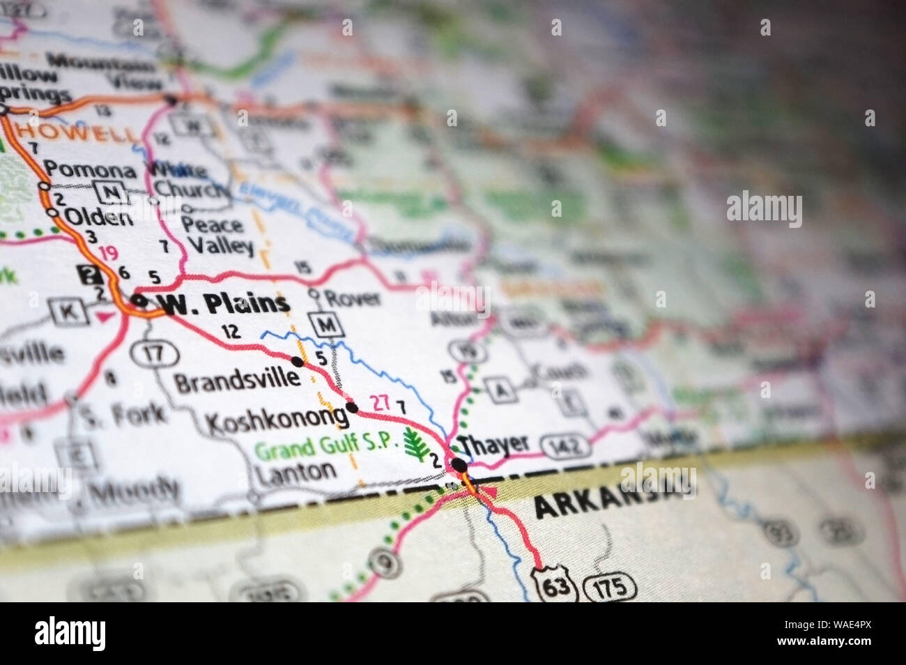 Extreme close-up of West Plains, Missouri, en une carte. Banque D'Images