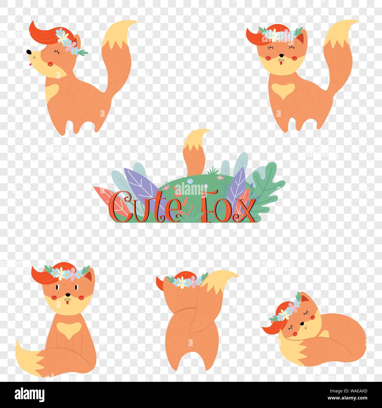 Cute fox set isolé sur fond transparent. Kawaii Funny baby renards en couronne de fleurs en différentes poses bundle design elements Cartoon télévision vecto Illustration de Vecteur