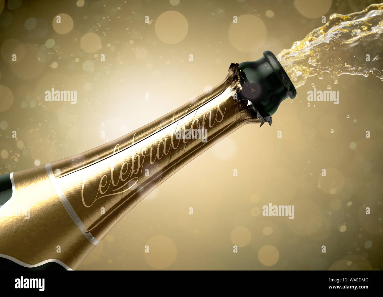 Une bouteille de champagne avec le mot de célébrations et verser un liquide sur un arrière-plan flou glitsy- 3D render Banque D'Images