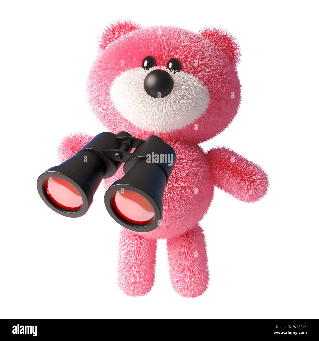 Mignon 3d ours en peluche rose avec fourrure pelucheuse en utilisant une paire de jumelles, illustration 3D render Banque D'Images